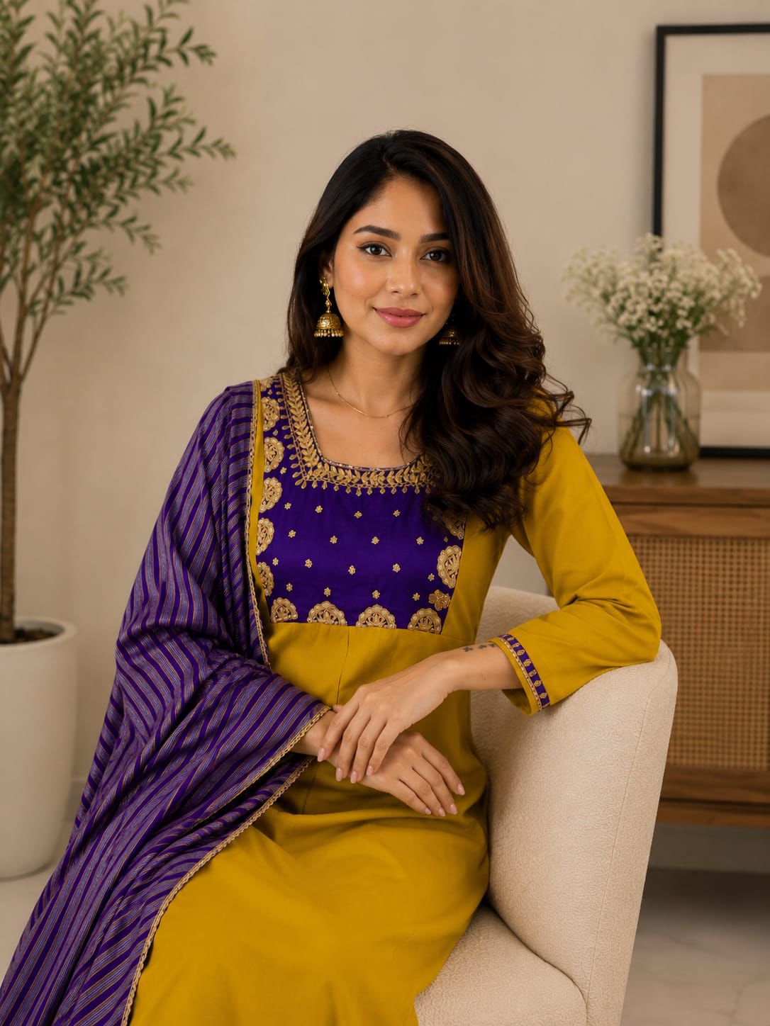 Beautiful Yellow Anarkali Kurta Pant Set with Purple Striped Dupatta