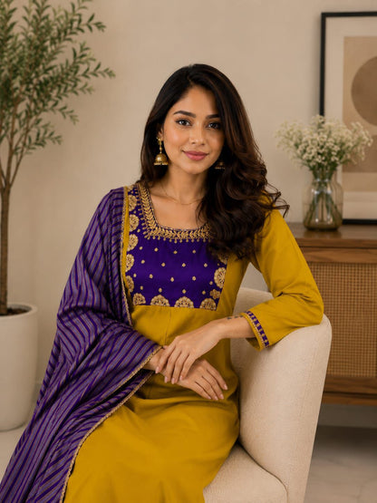 Beautiful Yellow Anarkali Kurta Pant Set with Purple Striped Dupatta