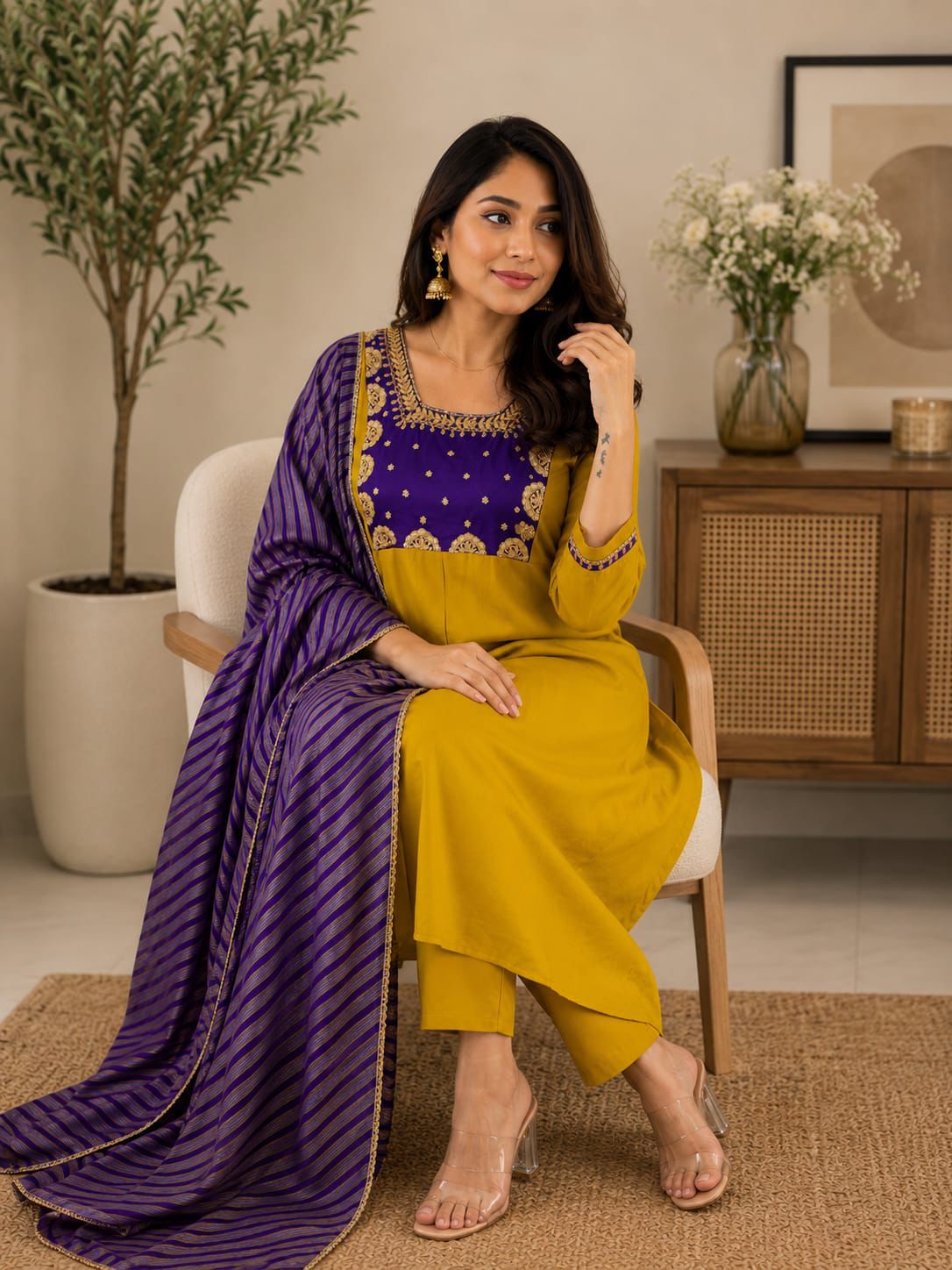 Beautiful Yellow Anarkali Kurta Pant Set with Purple Striped Dupatta