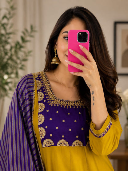 Beautiful Yellow Anarkali Kurta Pant Set with Purple Striped Dupatta