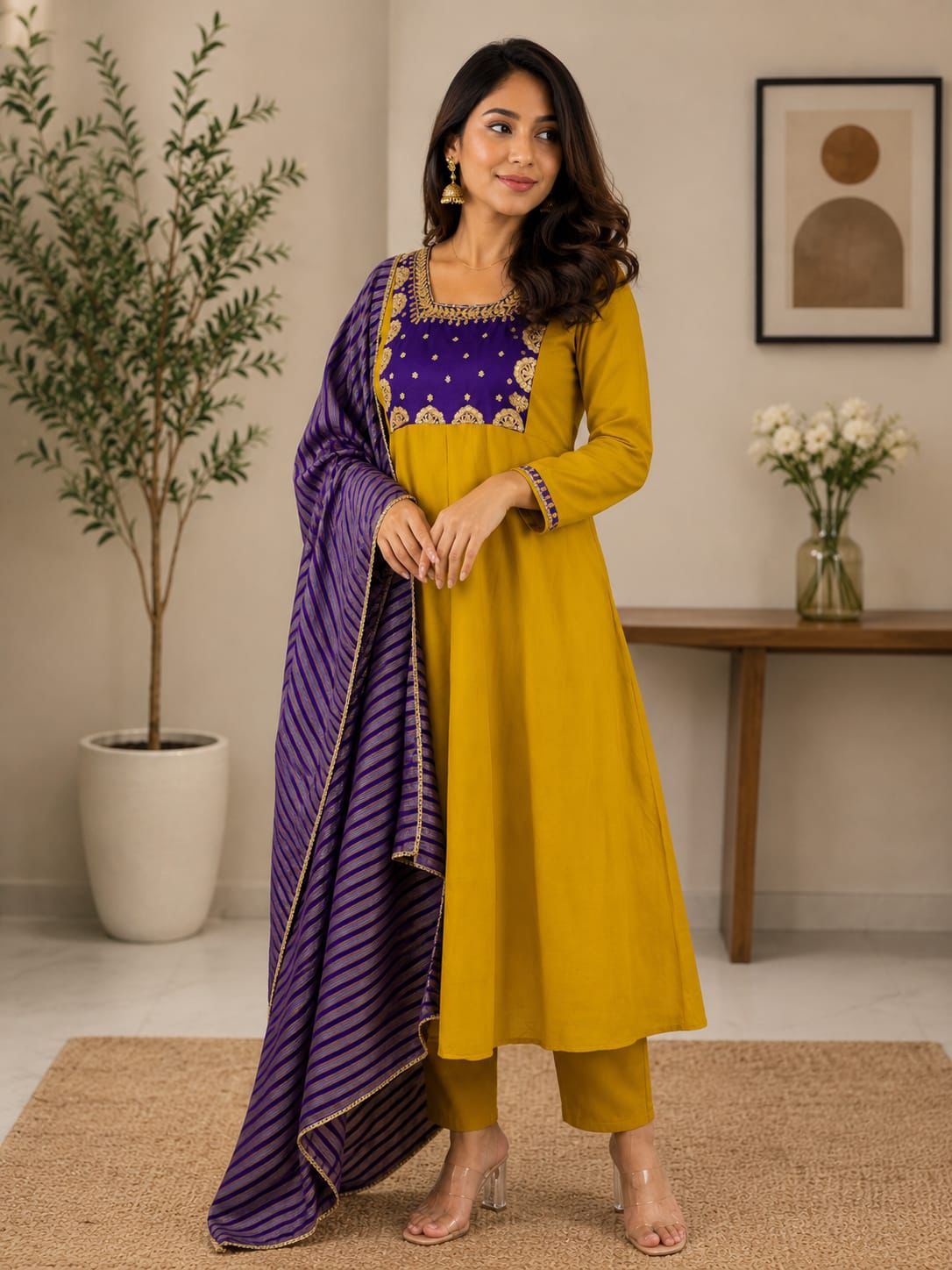 Beautiful Yellow Anarkali Kurta Pant Set with Purple Striped Dupatta