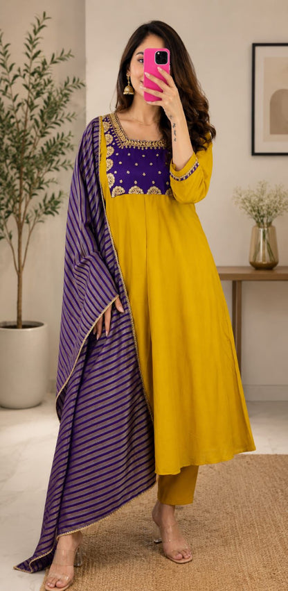 Beautiful Yellow Anarkali Kurta Pant Set with Purple Striped Dupatta