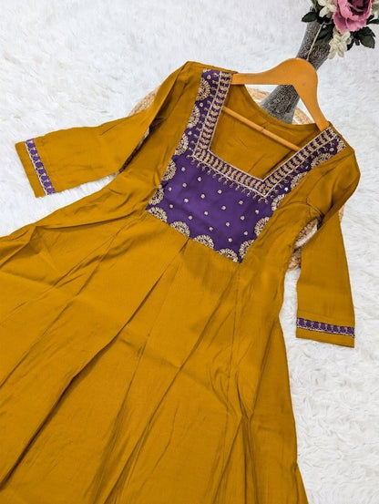 Beautiful Yellow Anarkali Kurta Pant Set with Purple Striped Dupatta