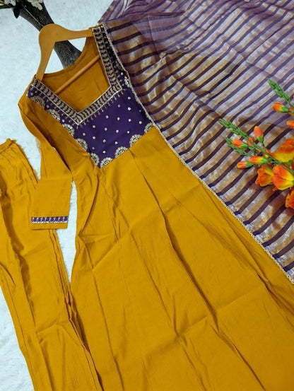 Beautiful Yellow Anarkali Kurta Pant Set with Purple Striped Dupatta