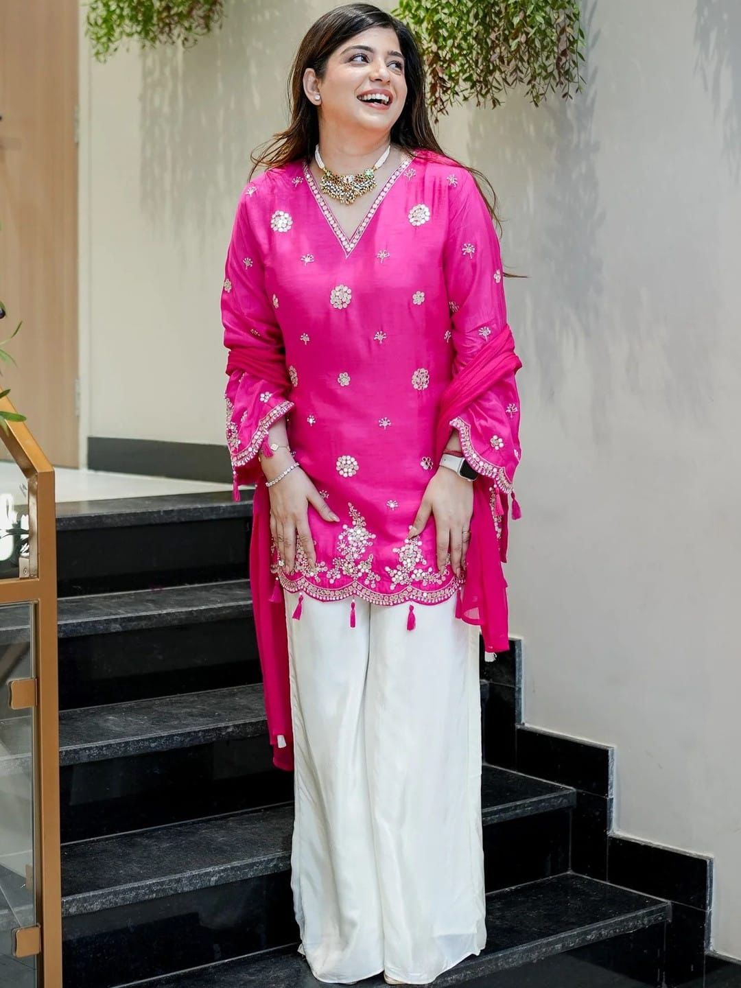 Fuchsia Pink Embroidered Kurta with White Palazzo Set