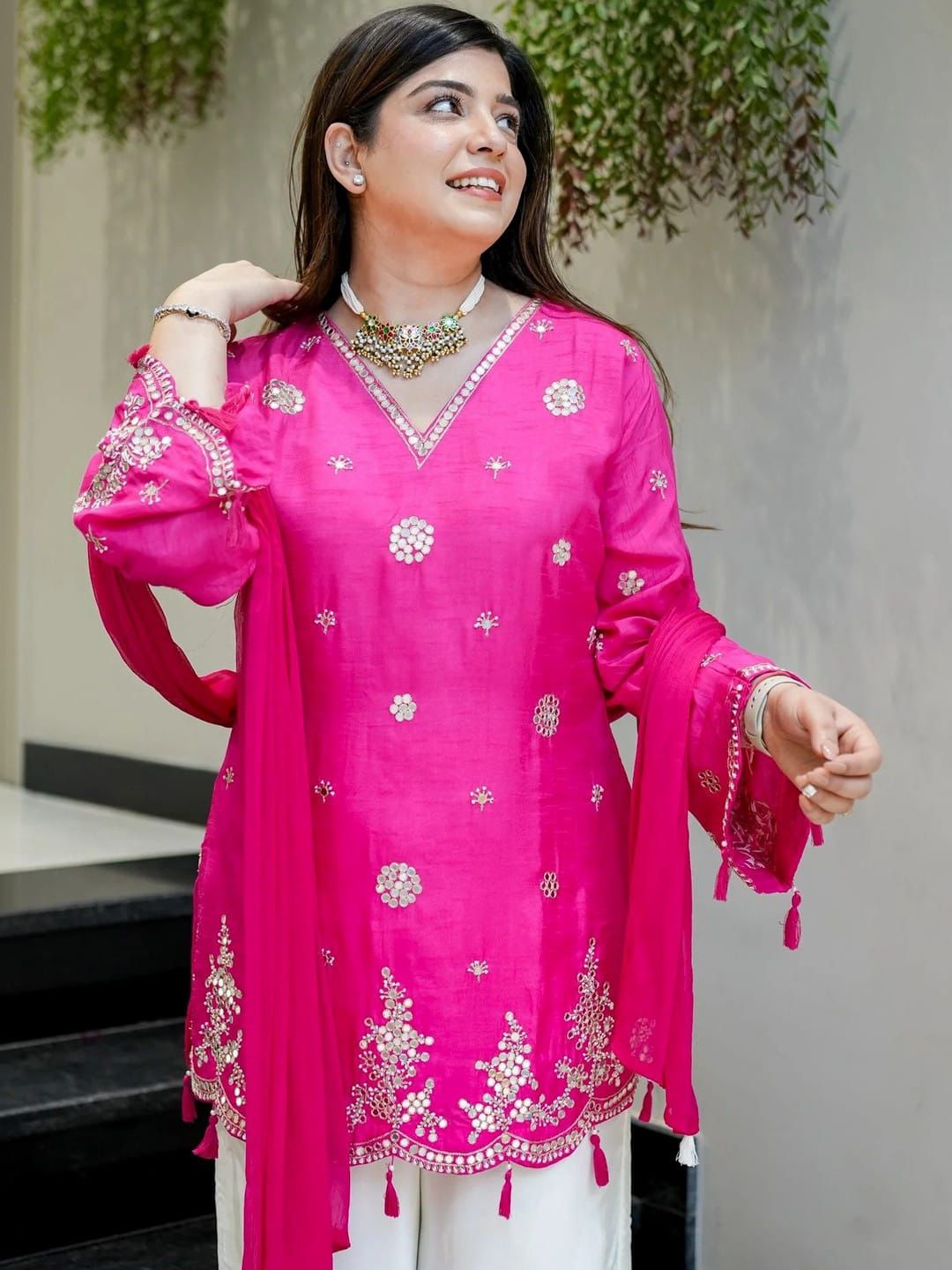 Fuchsia Pink Embroidered Kurta with White Palazzo Set