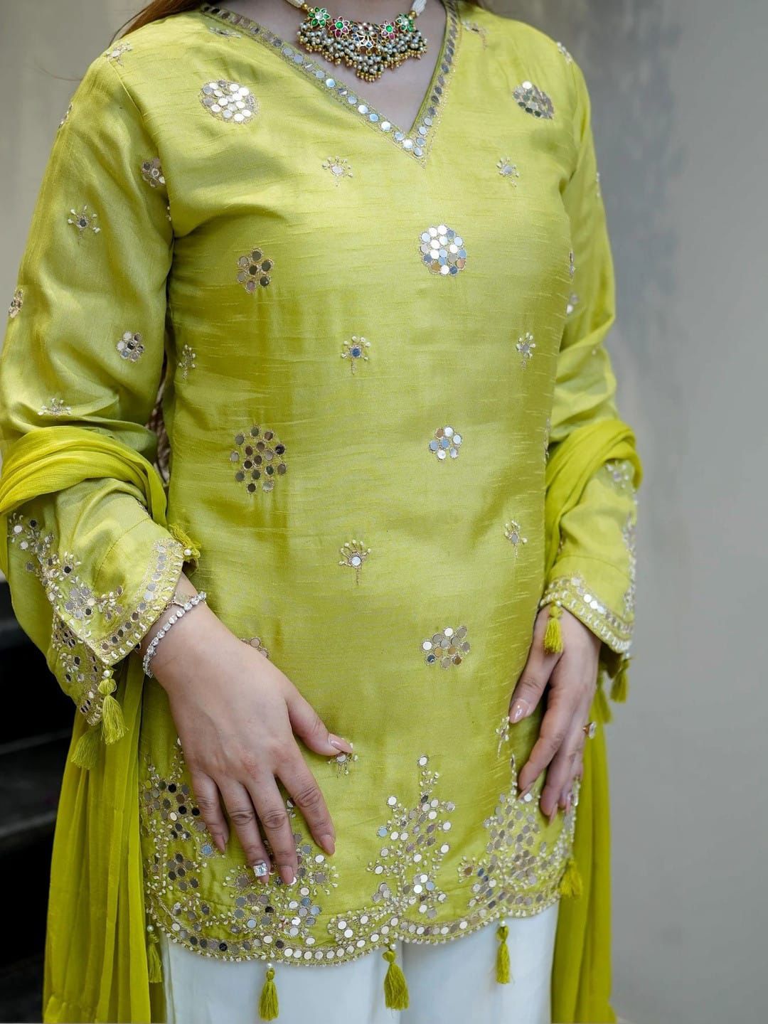 Lime Green Embroidered Kurta with White Palazzo & Matching Dupatta