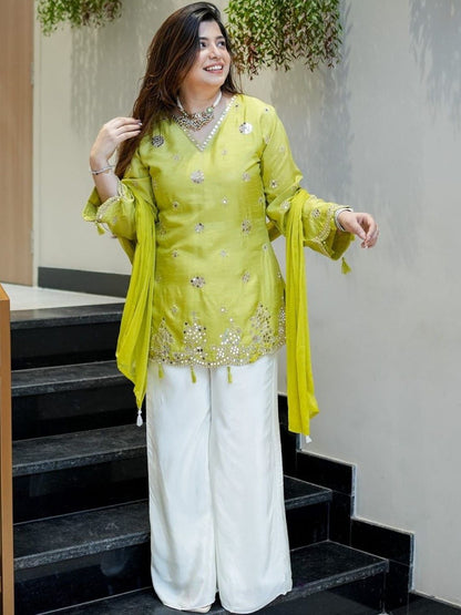 Lime Green Embroidered Kurta with White Palazzo & Matching Dupatta