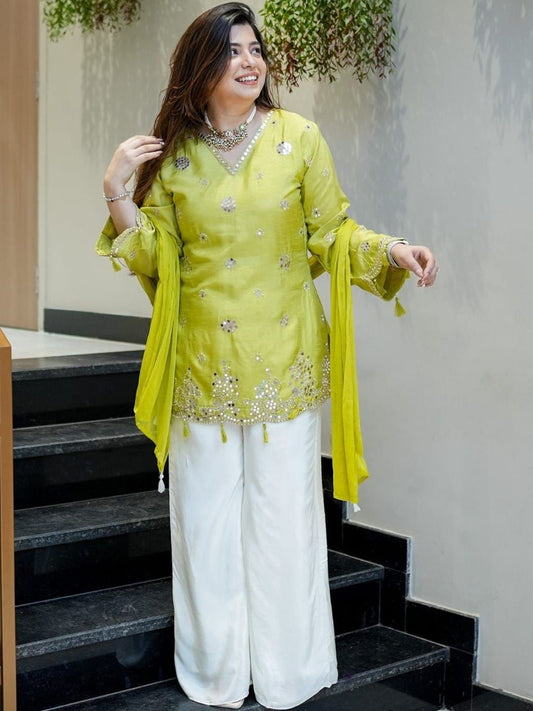 Lime Green Embroidered Kurta with White Palazzo & Matching Dupatta