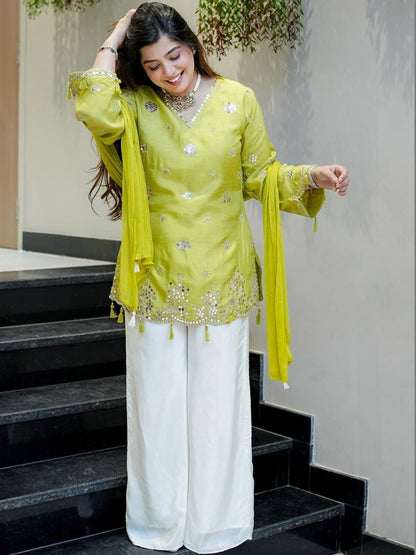 Lime Green Embroidered Kurta with White Palazzo & Matching Dupatta