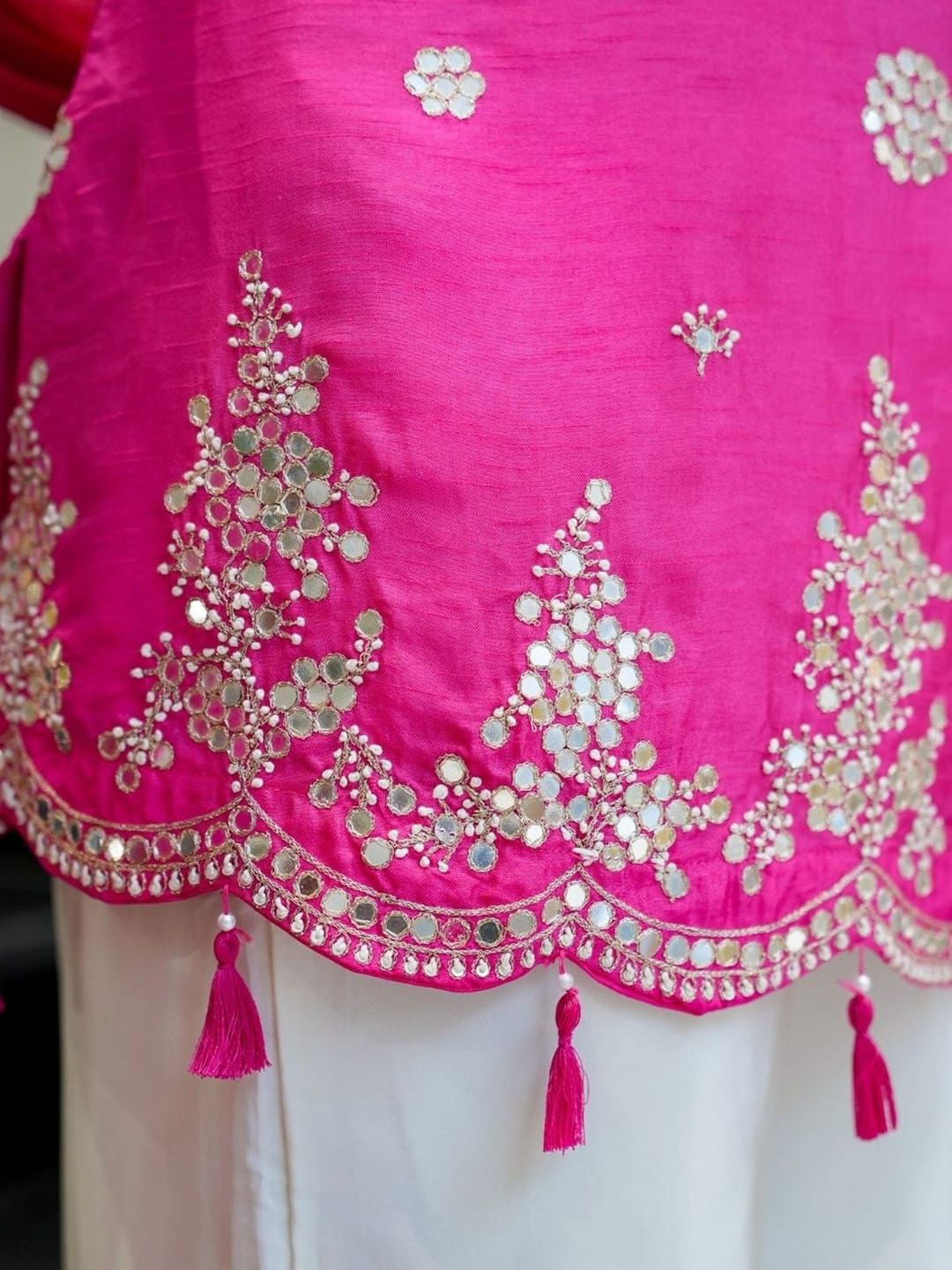 Fuchsia Pink Embroidered Kurta with White Palazzo Set