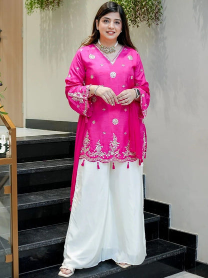 Fuchsia Pink Embroidered Kurta with White Palazzo Set