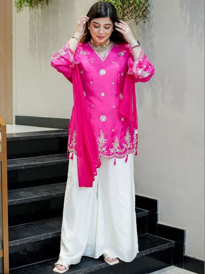 Fuchsia Pink Embroidered Kurta with White Palazzo Set