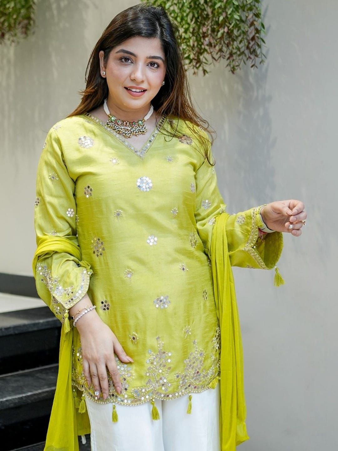 Lime Green Embroidered Kurta with White Palazzo & Matching Dupatta