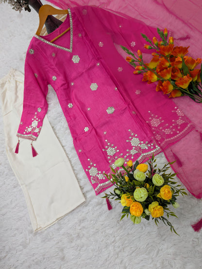 Fuchsia Pink Embroidered Kurta with White Palazzo Set