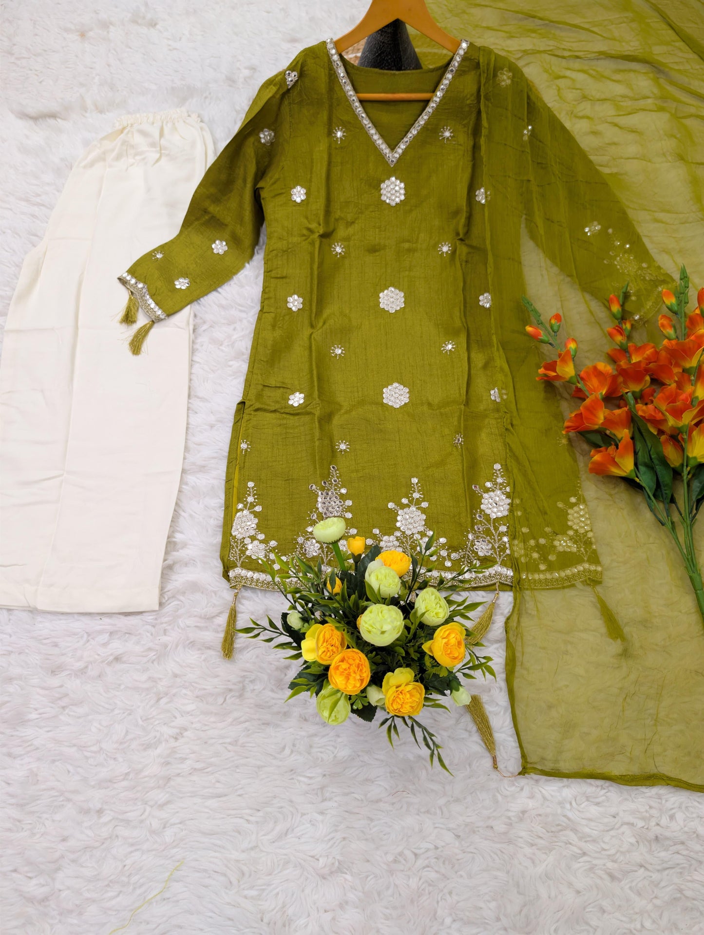 Lime Green Embroidered Kurta with White Palazzo & Matching Dupatta