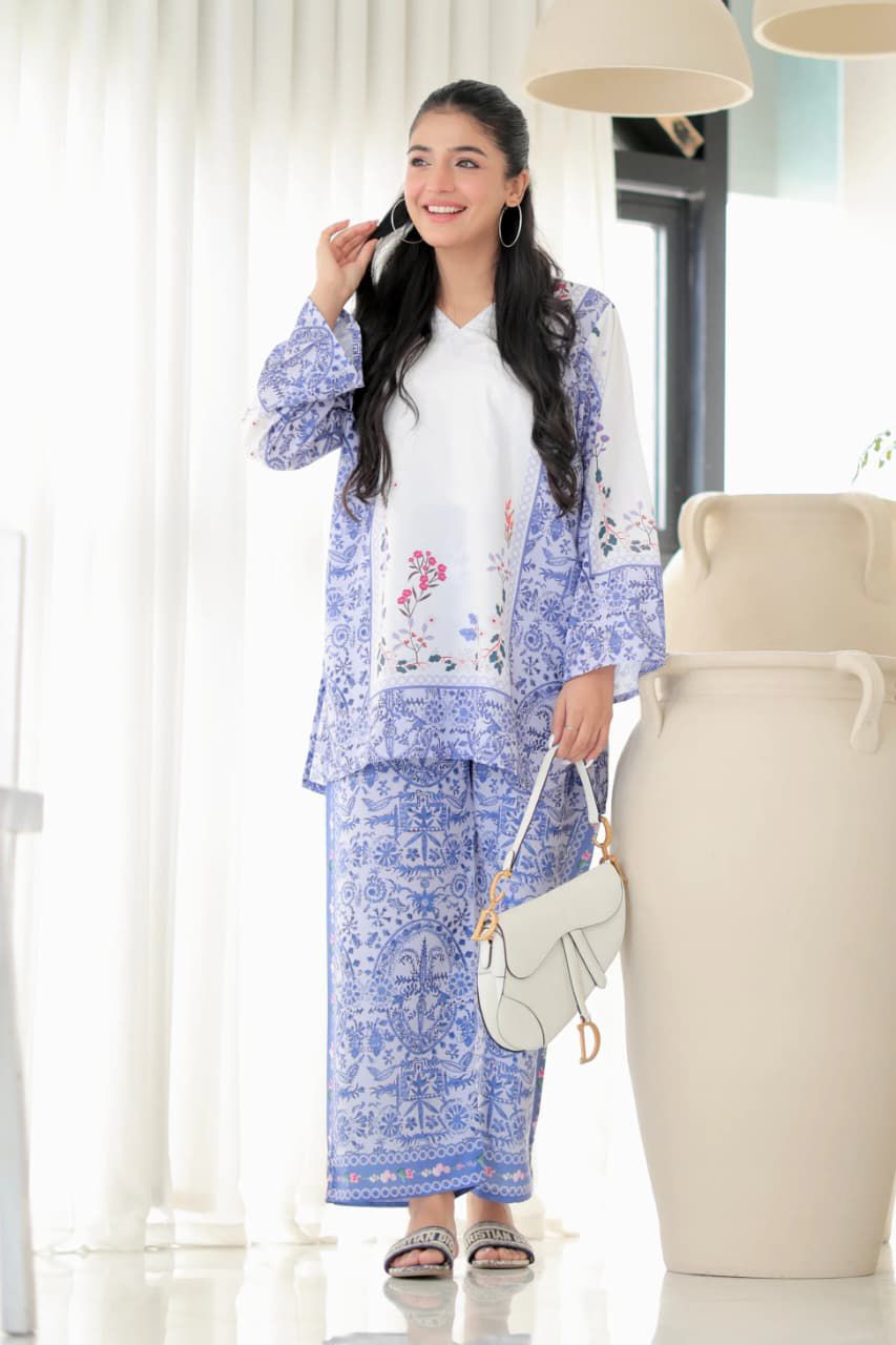 White & Blue Floral Printed Co-Ord Set for Women