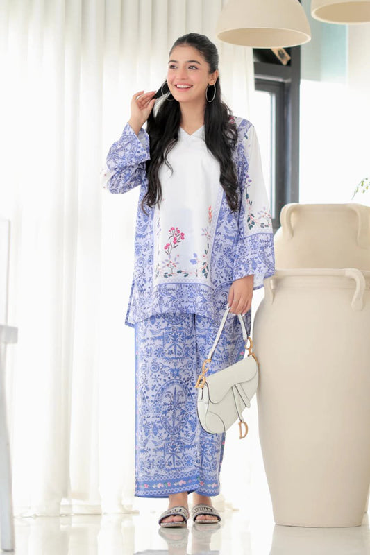 White & Blue Floral Printed Co-Ord Set for Women