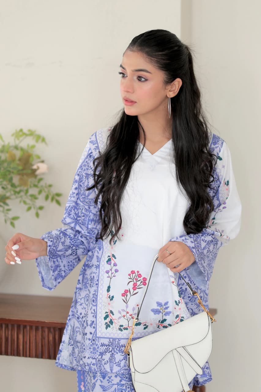 White & Blue Floral Printed Co-Ord Set for Women