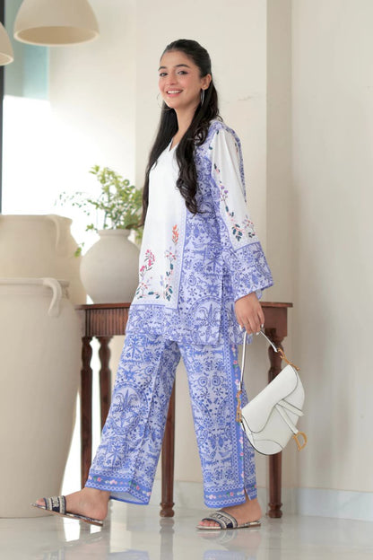 White & Blue Floral Printed Co-Ord Set for Women