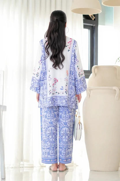 White & Blue Floral Printed Co-Ord Set for Women