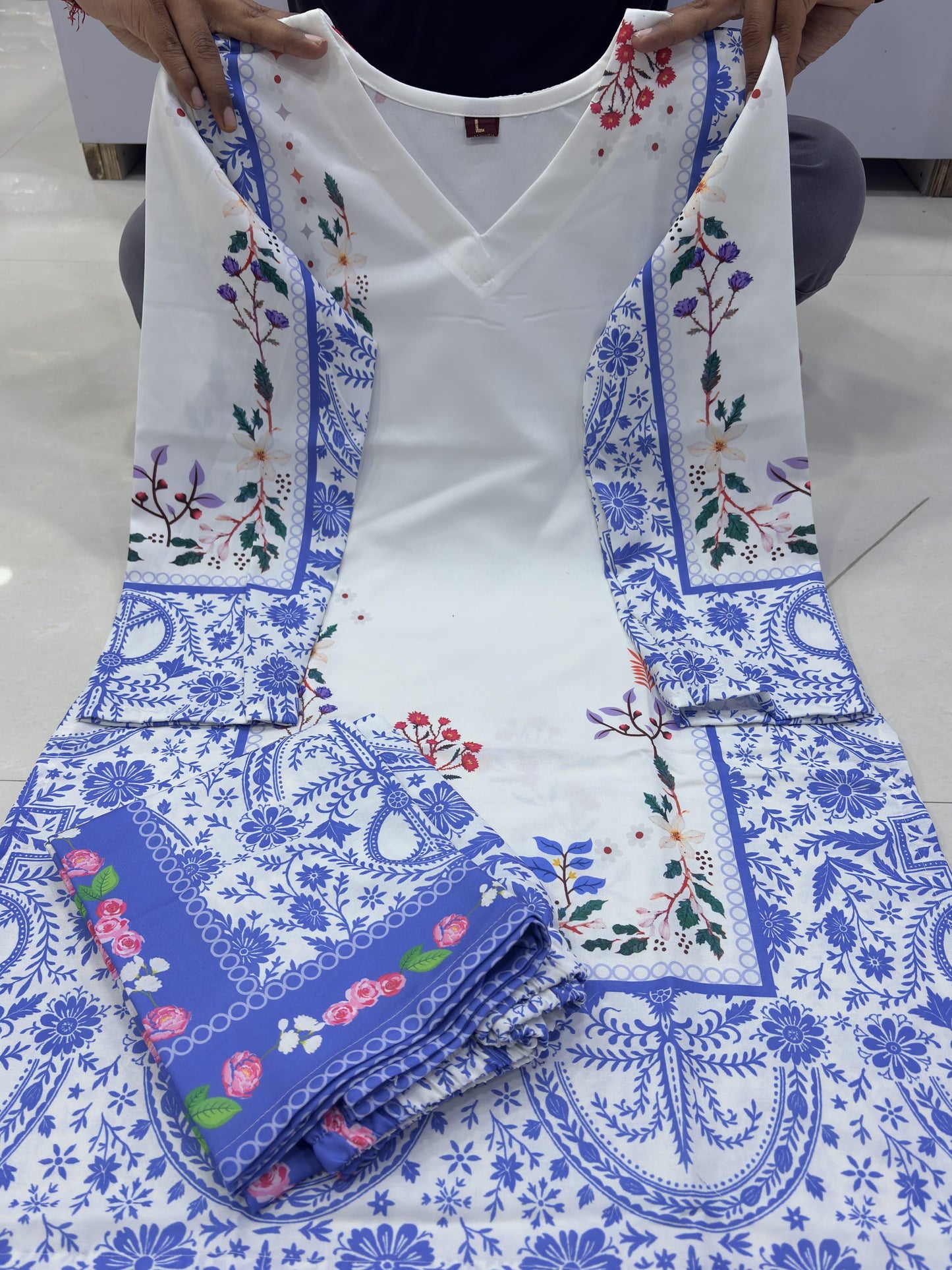 White & Blue Floral Printed Co-Ord Set for Women