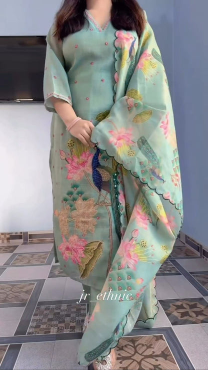 Mint Green Floral Peacock Embroidered Premium Cotton Suit Set with Digital Print Dupatta