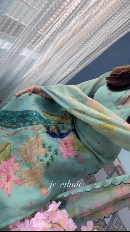 Mint Green Floral Peacock Embroidered Premium Cotton Suit Set with Digital Print Dupatta