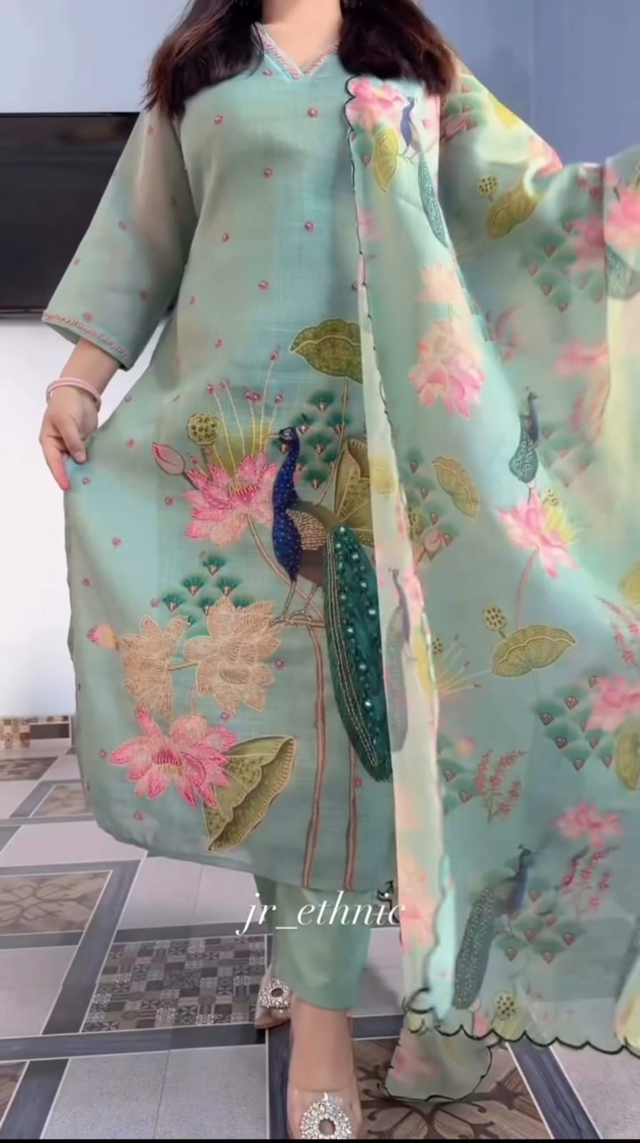Mint Green Floral Peacock Embroidered Premium Cotton Suit Set with Digital Print Dupatta