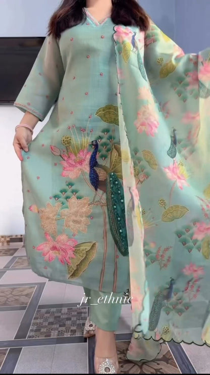 Mint Green Floral Peacock Embroidered Premium Cotton Suit Set with Digital Print Dupatta