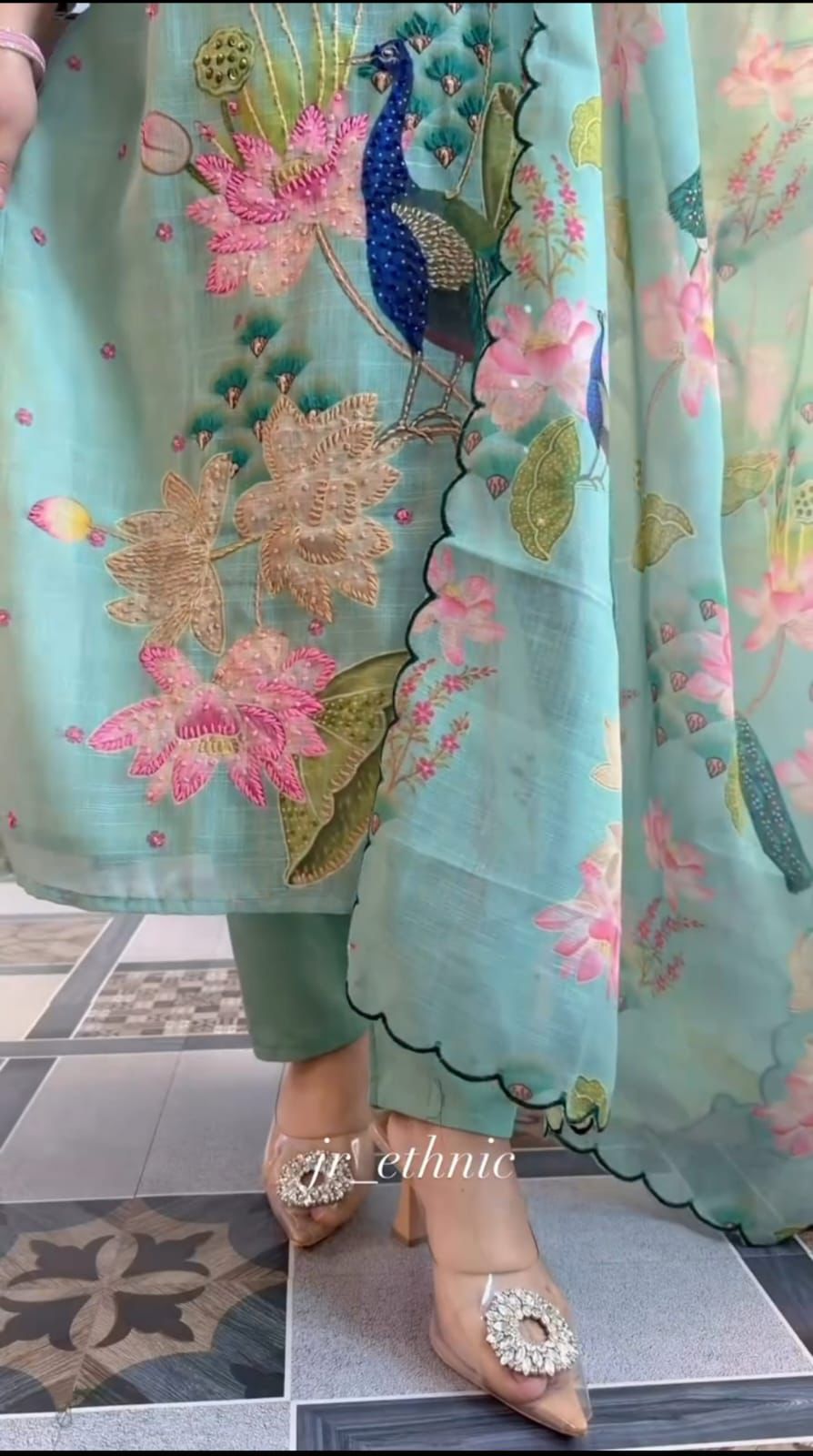 Mint Green Floral Peacock Embroidered Premium Cotton Suit Set with Digital Print Dupatta
