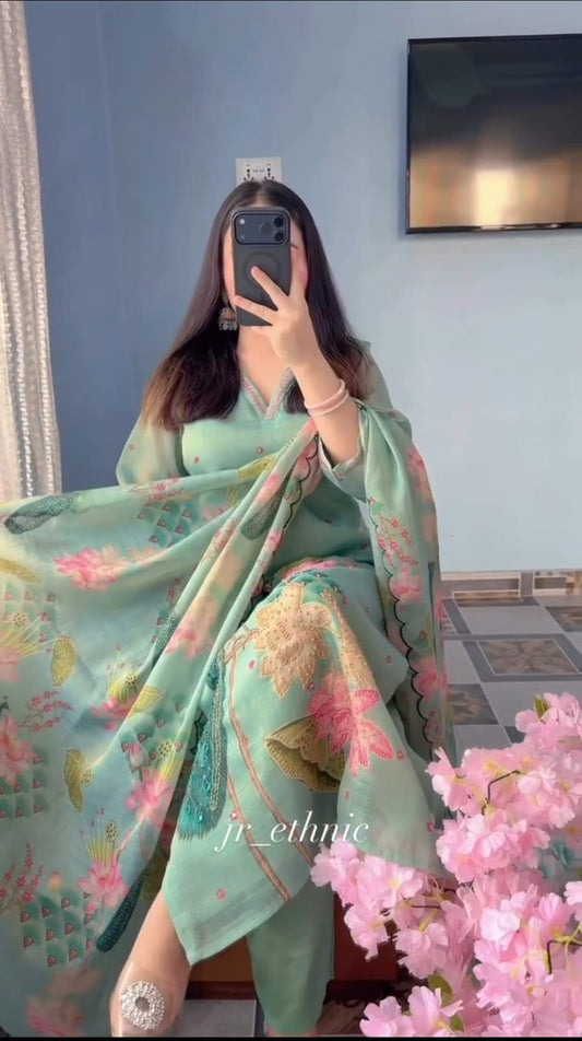 Mint Green Floral Peacock Embroidered Premium Cotton Suit Set with Digital Print Dupatta