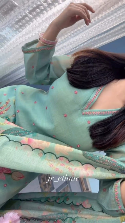 Mint Green Floral Peacock Embroidered Premium Cotton Suit Set with Digital Print Dupatta