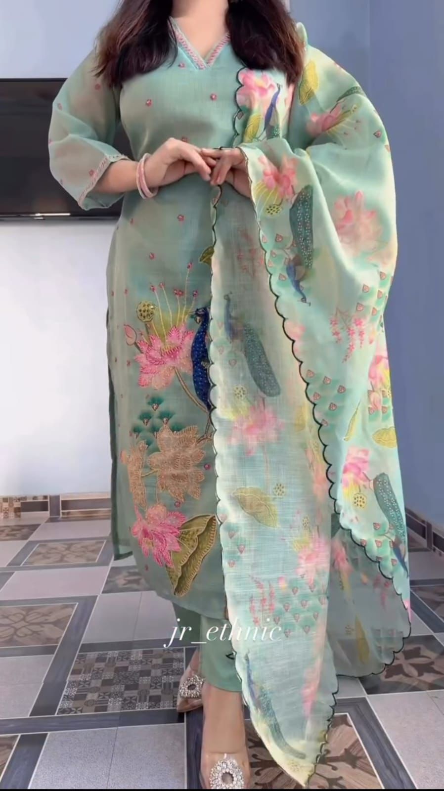 Mint Green Floral Peacock Embroidered Premium Cotton Suit Set with Digital Print Dupatta