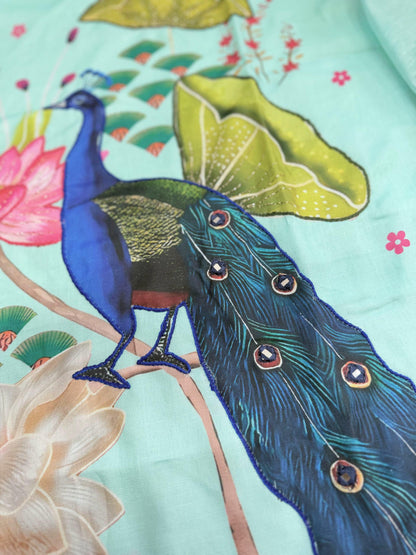 Mint Green Floral Peacock Embroidered Premium Cotton Suit Set with Digital Print Dupatta