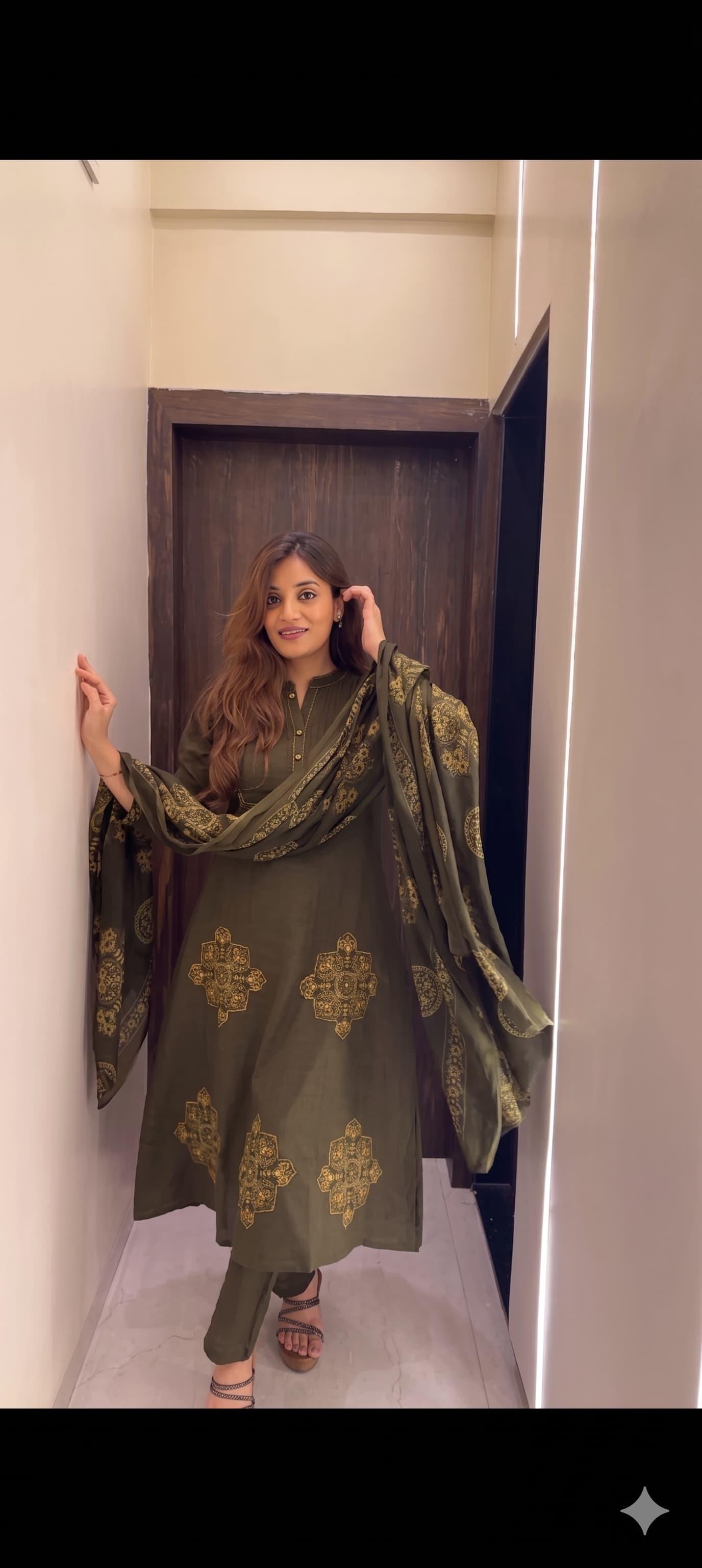 Olive Green Premium Cotton Printed Suit Set with Elegant Neck Detailing & Designer Dupatta