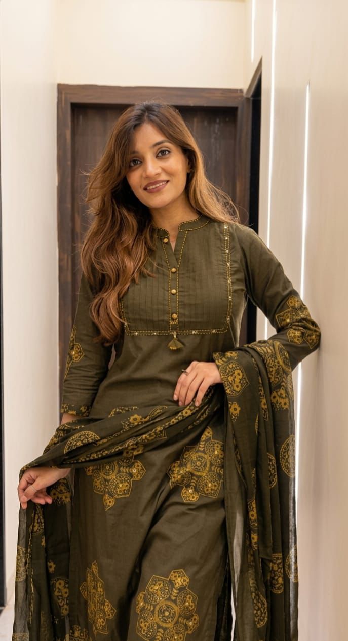 Olive Green Premium Cotton Printed Suit Set with Elegant Neck Detailing & Designer Dupatta