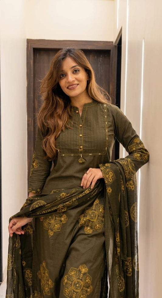 Olive Green Premium Cotton Printed Suit Set with Elegant Neck Detailing & Designer Dupatta