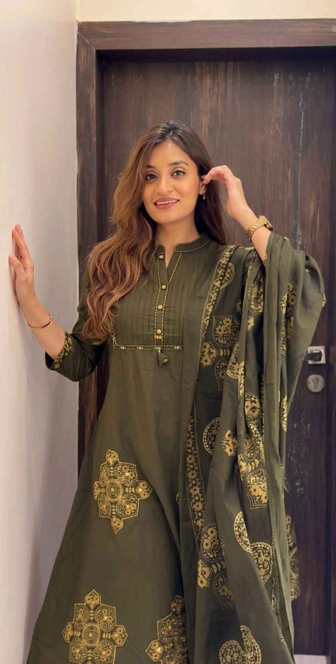Olive Green Premium Cotton Printed Suit Set with Elegant Neck Detailing & Designer Dupatta