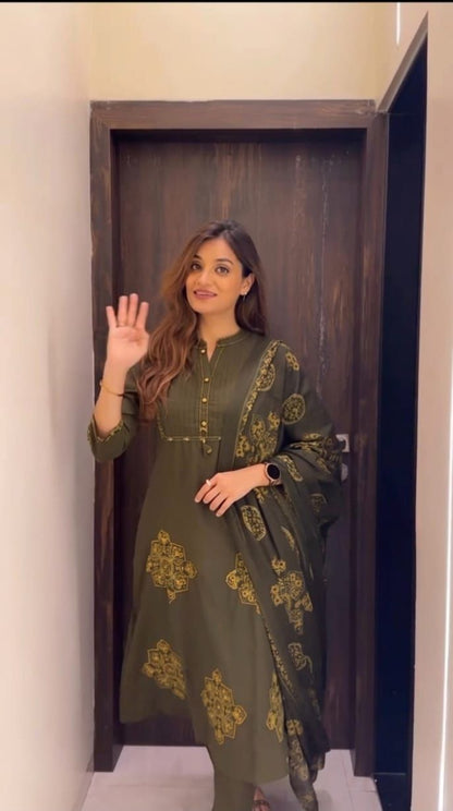Olive Green Premium Cotton Printed Suit Set with Elegant Neck Detailing & Designer Dupatta