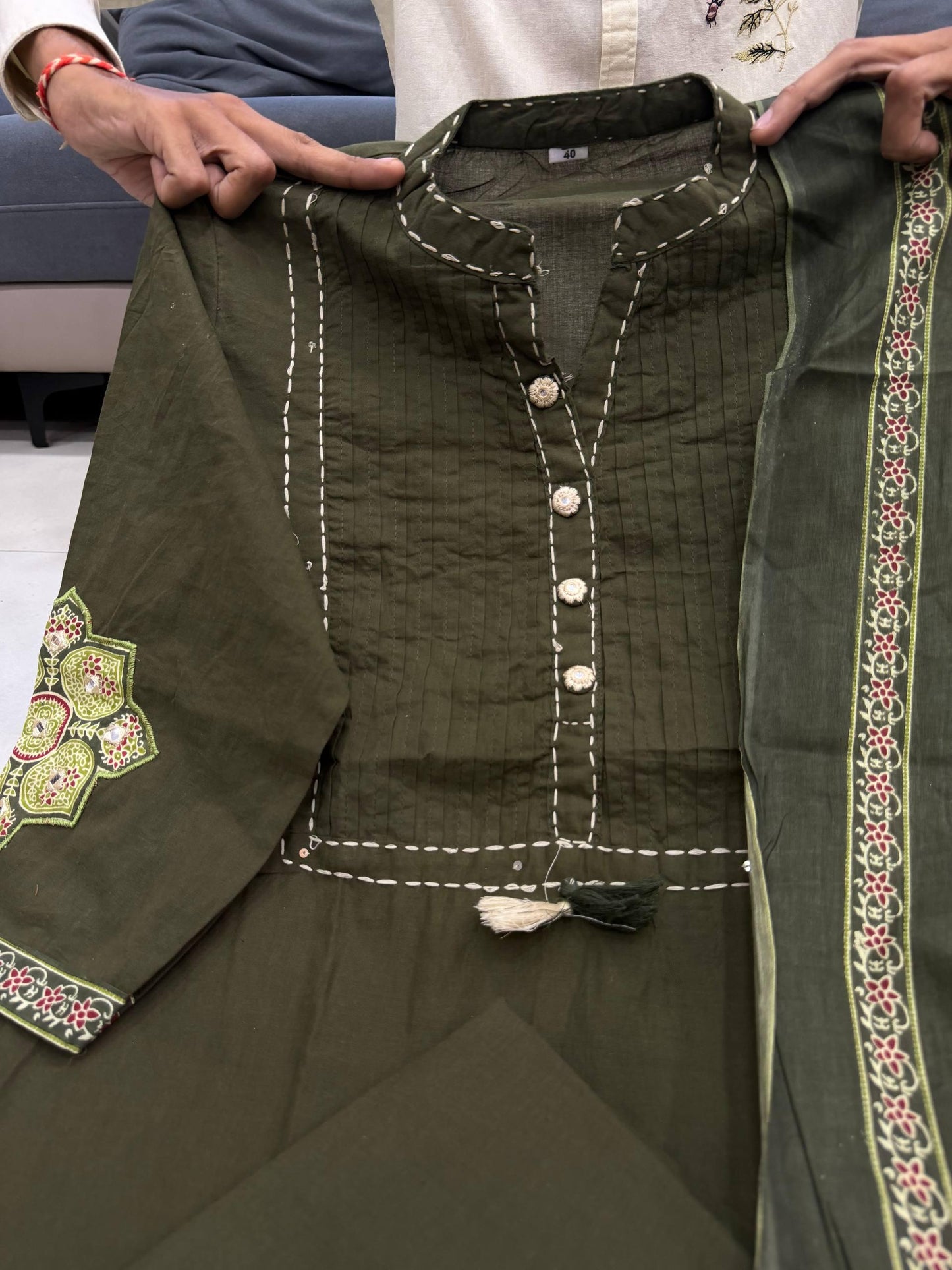 Olive Green Premium Cotton Printed Suit Set with Elegant Neck Detailing & Designer Dupatta