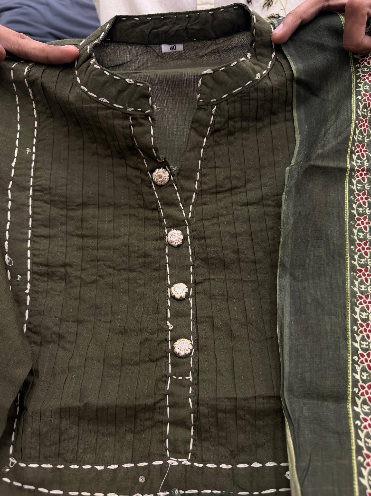 Olive Green Premium Cotton Printed Suit Set with Elegant Neck Detailing & Designer Dupatta