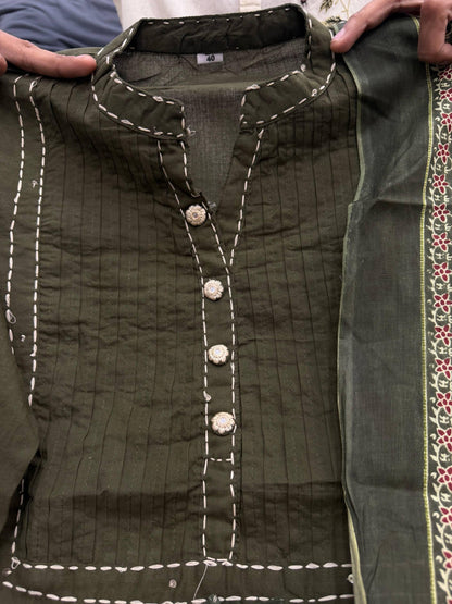 Olive Green Premium Cotton Printed Suit Set with Elegant Neck Detailing & Designer Dupatta