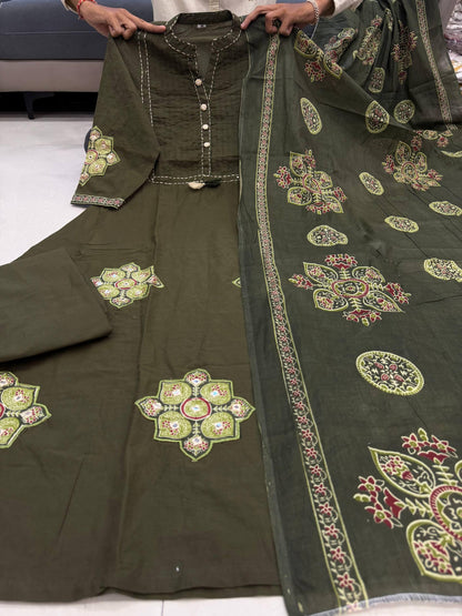Olive Green Premium Cotton Printed Suit Set with Elegant Neck Detailing & Designer Dupatta