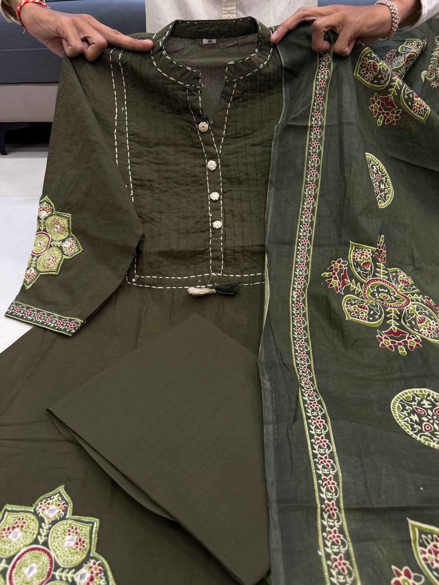 Olive Green Premium Cotton Printed Suit Set with Elegant Neck Detailing & Designer Dupatta