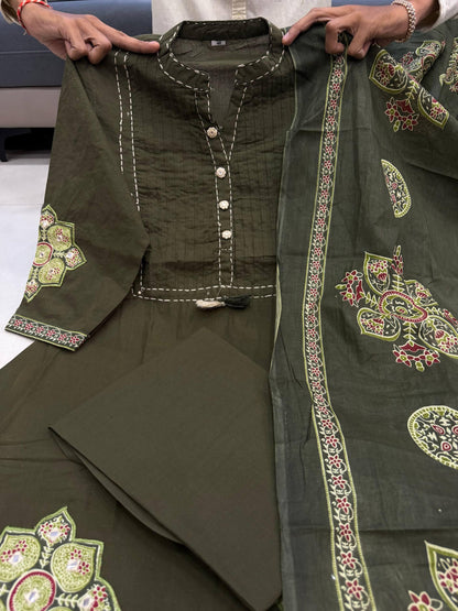 Olive Green Premium Cotton Printed Suit Set with Elegant Neck Detailing & Designer Dupatta