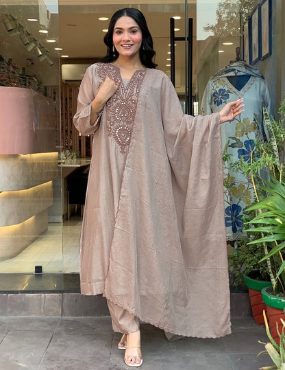 Dusty Rose Embroidered Kurta Pant Set with Matching Dupatta