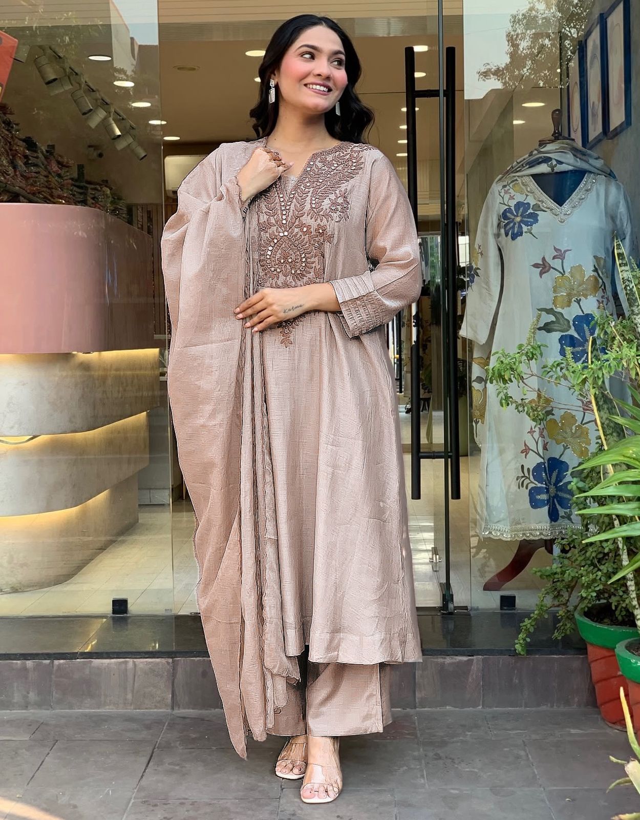 Dusty Rose Embroidered Kurta Pant Set with Matching Dupatta