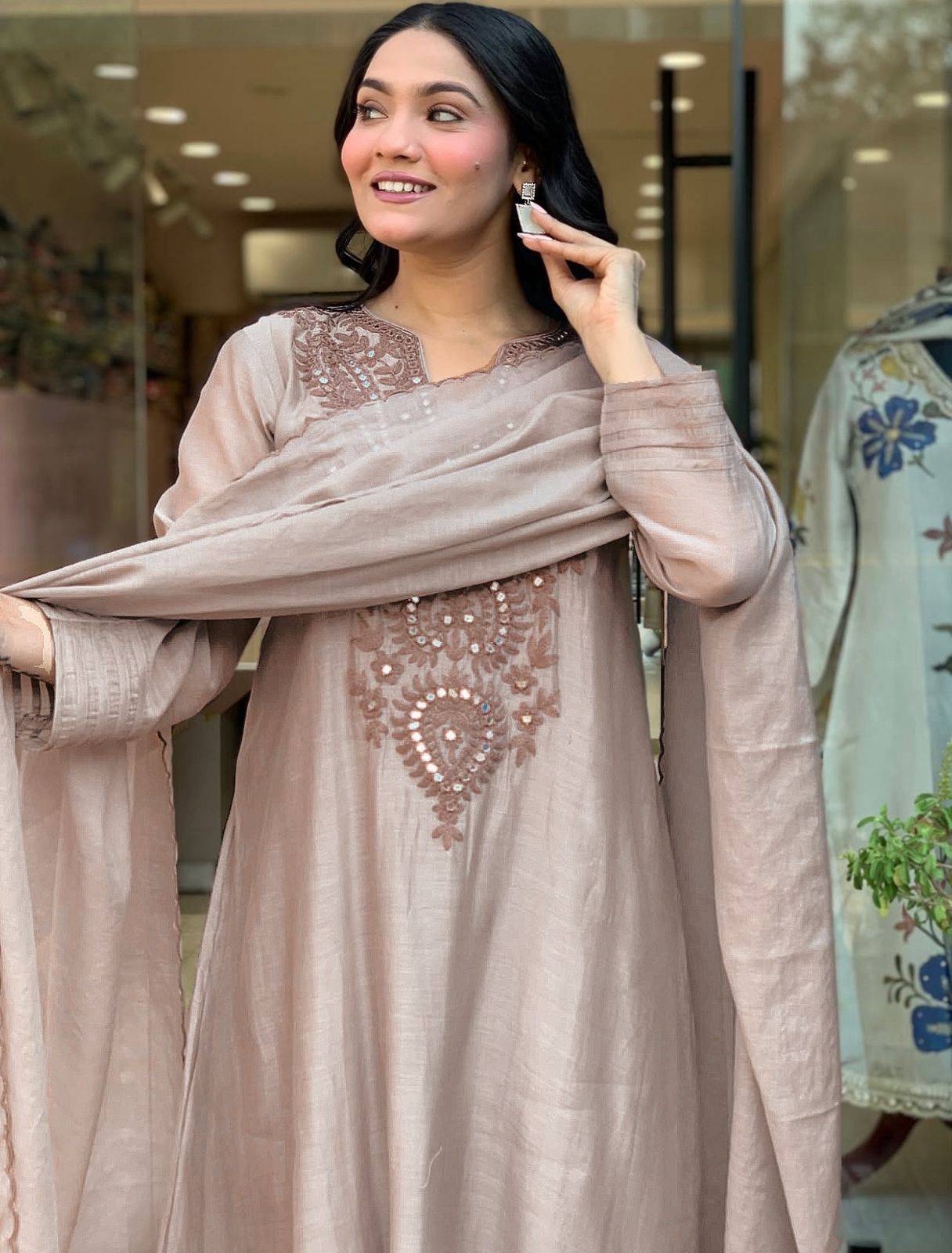 Dusty Rose Embroidered Kurta Pant Set with Matching Dupatta