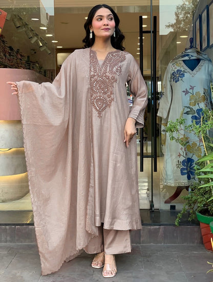 Dusty Rose Embroidered Kurta Pant Set with Matching Dupatta